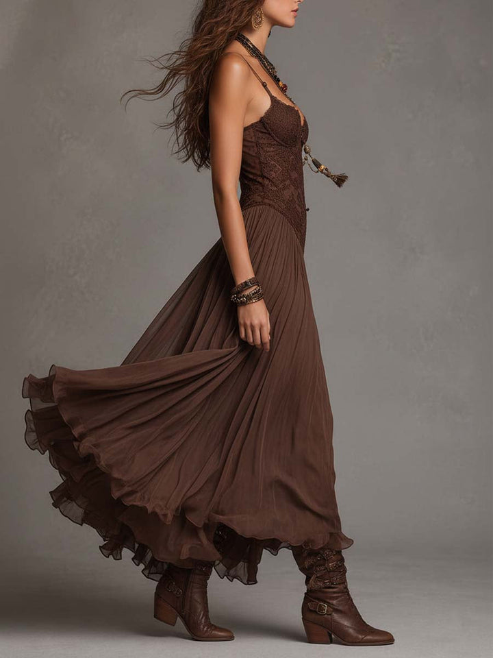 Dark Brown Lace-Paneled Chiffon Maxi Dress