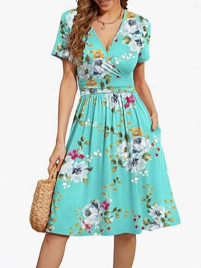 V Neck A Line Mid Calf Dress Women Casual