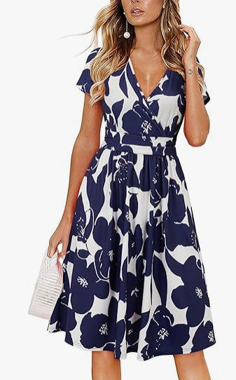 V Neck A Line Mid Calf Dress Women Casual
