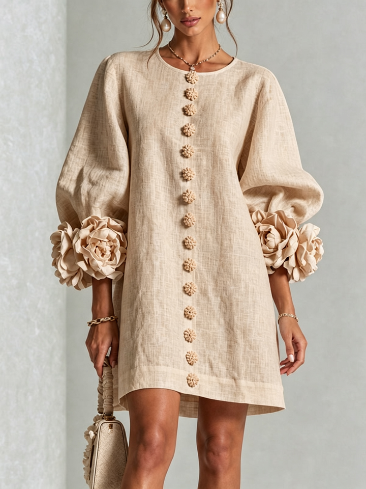 White Floral Button-down Mini Dress With Striking Floral Cuffs