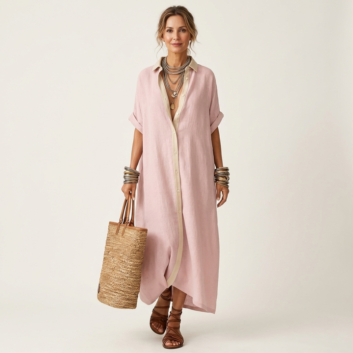 Kamira | Contrast-Collar Button-Front Short-Sleeve Maxi Shirt Dress